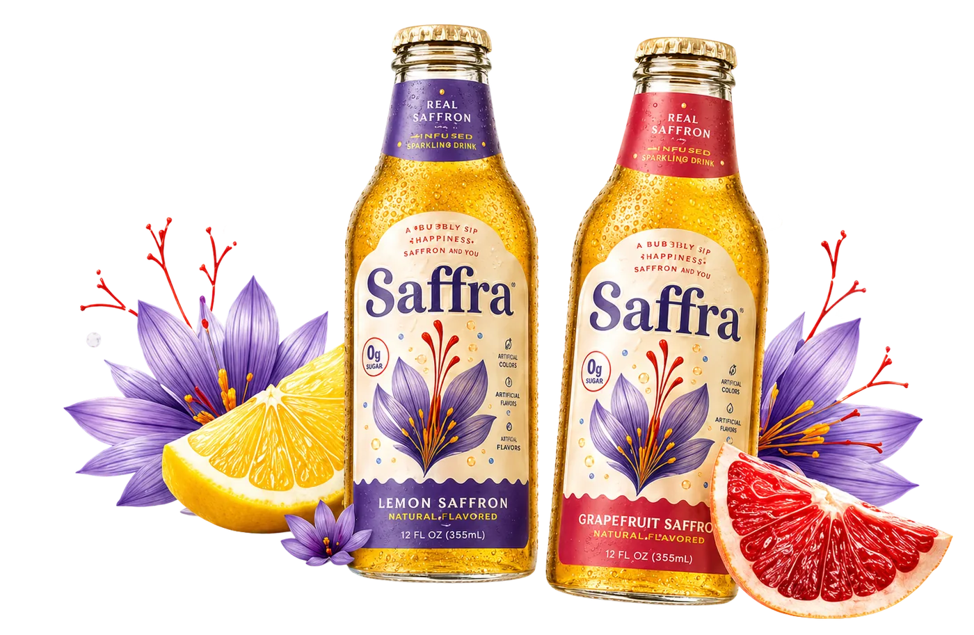 Saffra Lemon Saffron and Grapefruit Saffron bottles with saffron flowers, lemon slice, and grapefruit slice